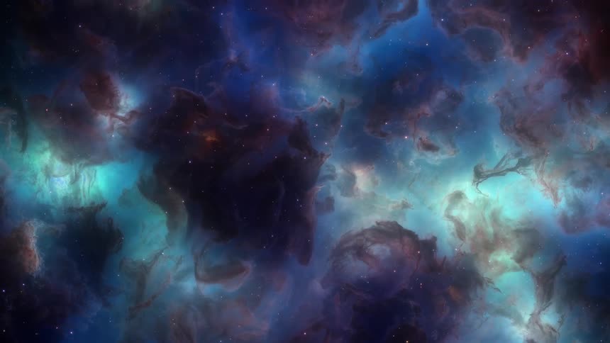 Stars fly though the dark clouds of a glowing turquoise nebula