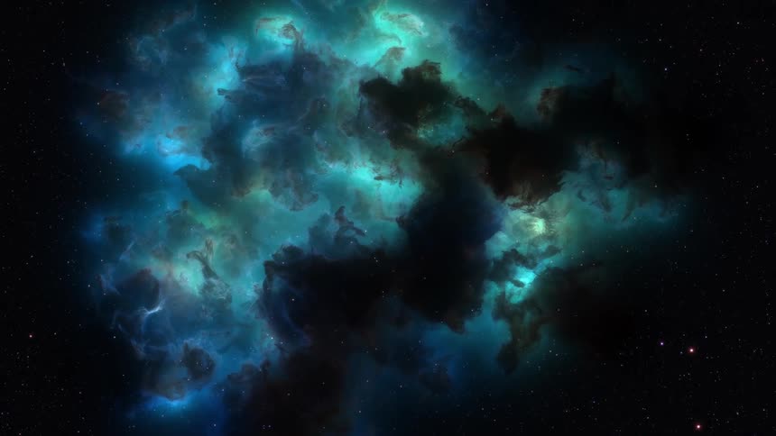 Stars fly though the clouds of a glowing turquoise nebula in the darkness of outer space