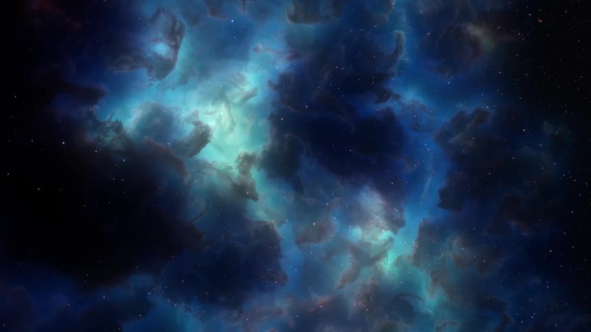 A colorful nebula filled with bright purple and blue hues in space