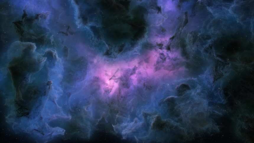 Spots of light float through blue and black nebula with a purple center