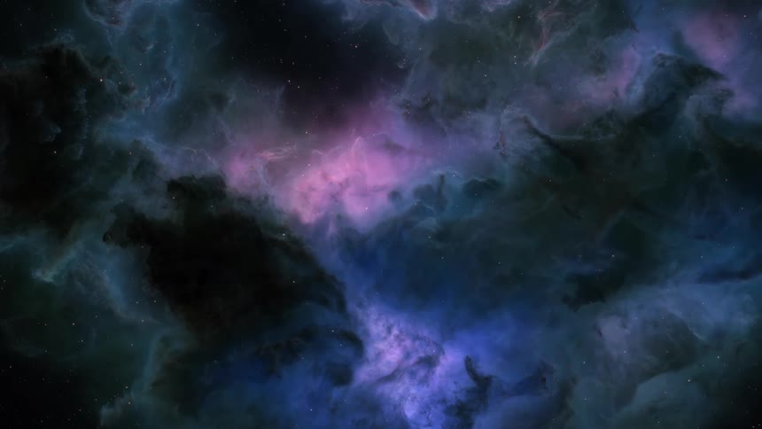 Dark blue clouds with a pink center and stars of a nebula galaxy moving through outer space
