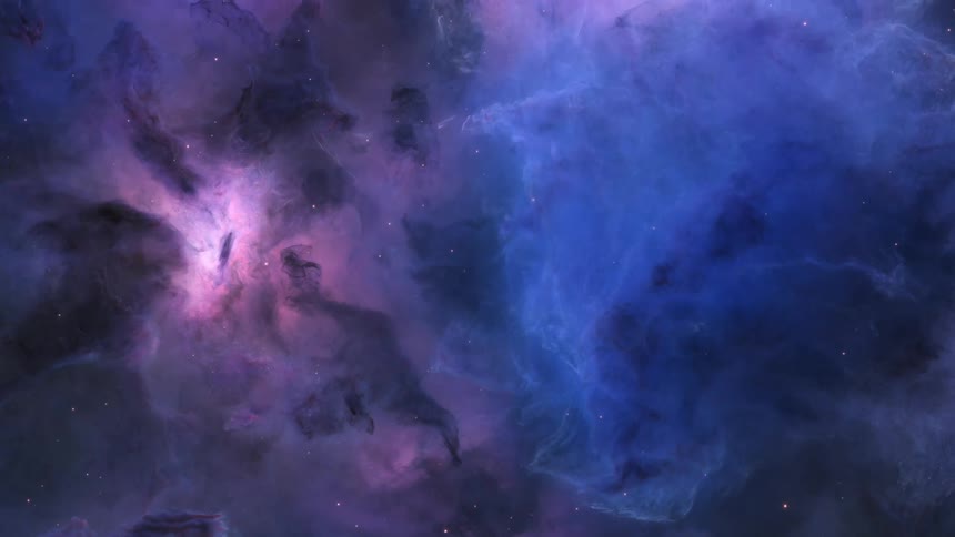 Blue and pink clouds and stars of a nebula galaxy rotating in outer space