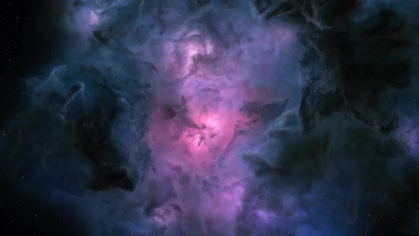 Clouds surround a spectacular purple galaxy with a glowing pink center
