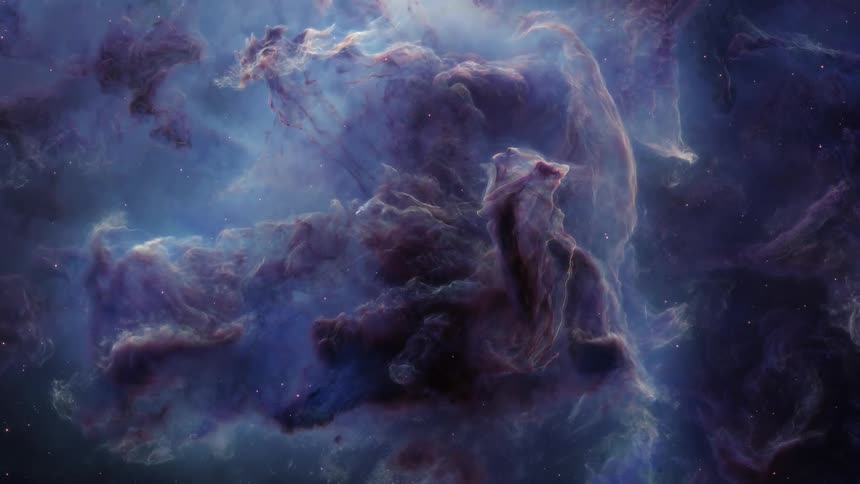 Clouds float in a dark nebula as stars glow in space