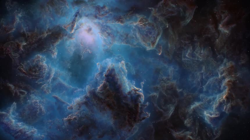 A colorful nebula filled with bright purple and blue hues in space