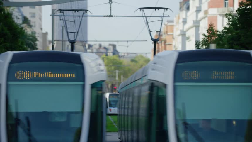 Trains at an openair station in metropolis