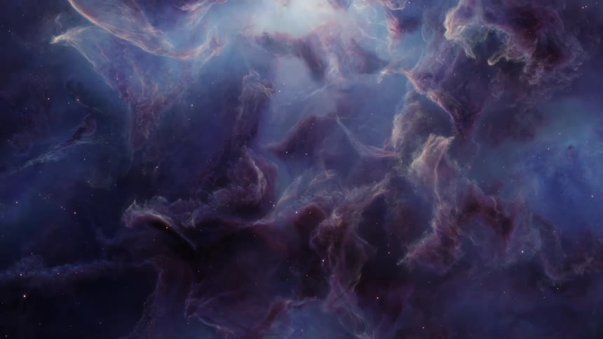 Stars move among the purple clouds of a dark nebula