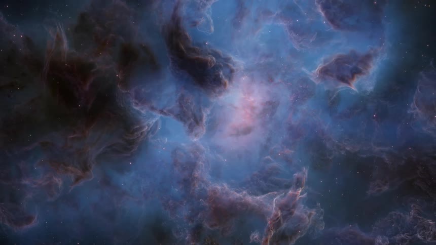 Stars fly through the clouds of a turquoise nebula with the glowing light of a distant sun