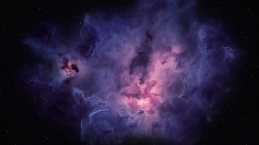 Purple clouds of a dark nebula with a glowing sun in the distance