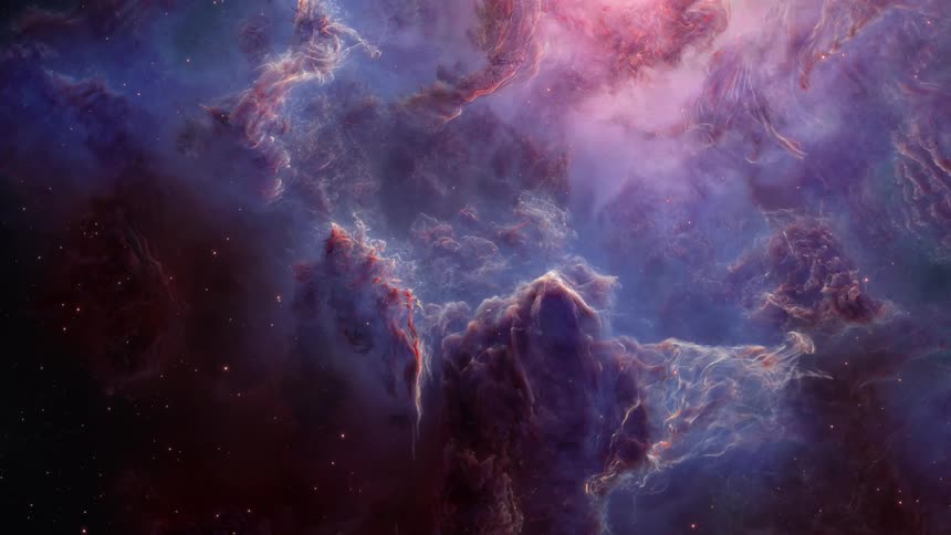 A colorful filled with bright pink and blue hues nebula in space