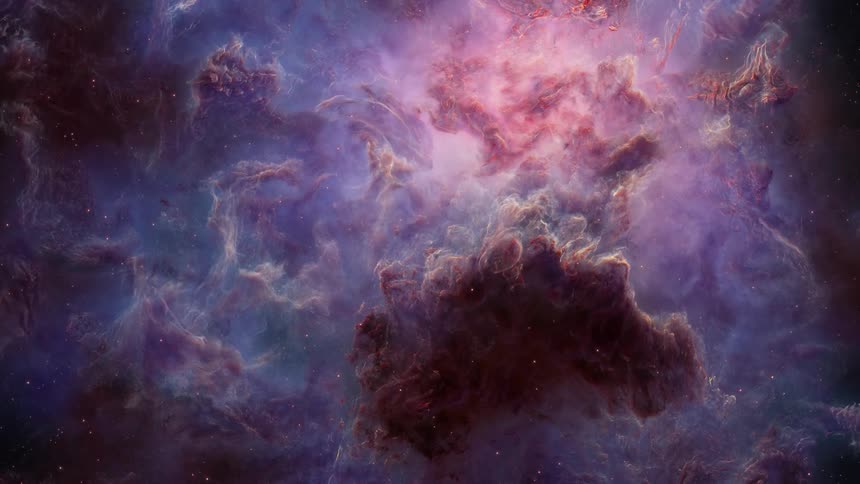 Shooting stars fly among the clouds of a glowing nebula in outer space