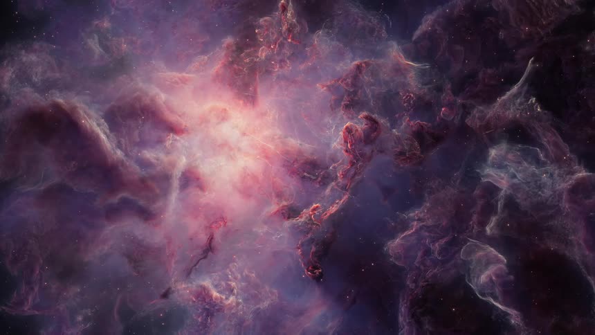 Stars fly through the clouds of a glowing nebula illuminated by a distant sun