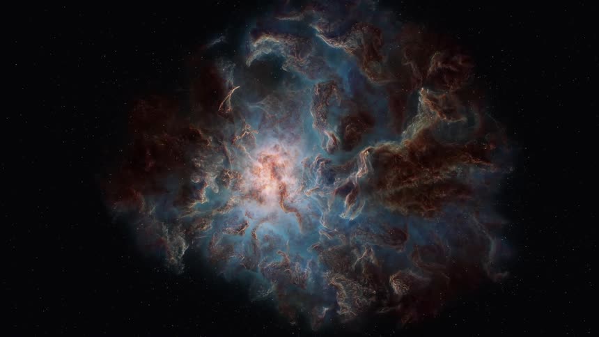 Dark clouds surround a glowing nebula in the darkness of outer space