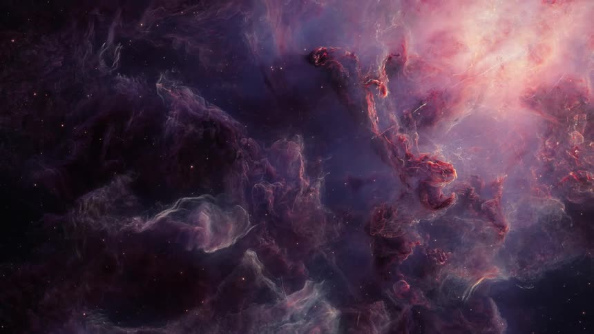 Purple clouds fill the space