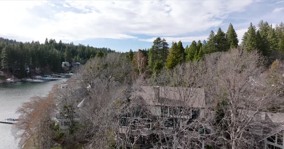 Several sizable homes are located along the forested shoreline