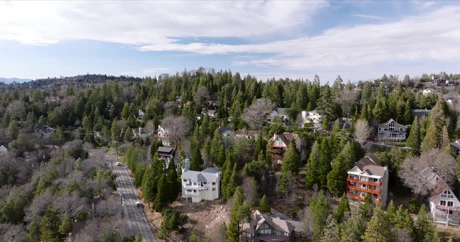 Aerial panorama of highend houses amidst mountains in the forest