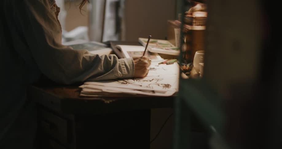 Artist woman sitting on a chair drawing on a blank sheet of paper