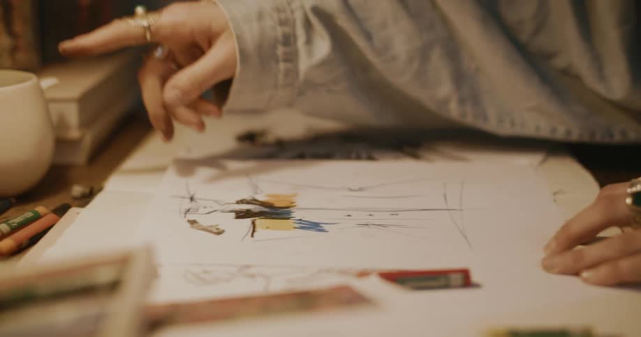 A white woman uses a pencil and chalk to sketch on a canvas