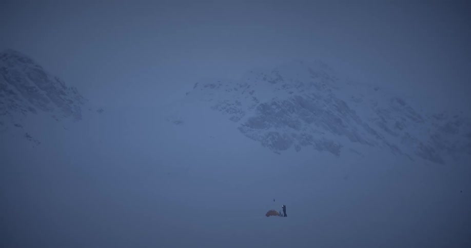 A person standing in an arctic region with snowcapped mountains and lots of snow on the ground
