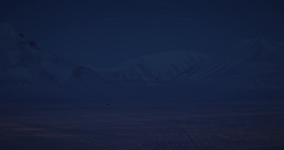 Dogsledder moves across snowy dimly lit plain near mountains using a flashlight