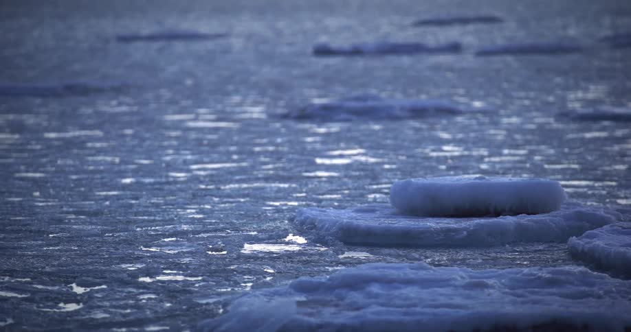 Ice caps floating across the freezing sea in winter