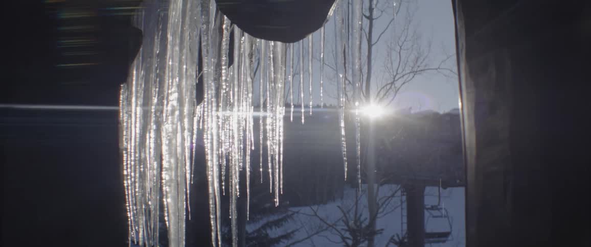 Strands of ice by the door at sunset