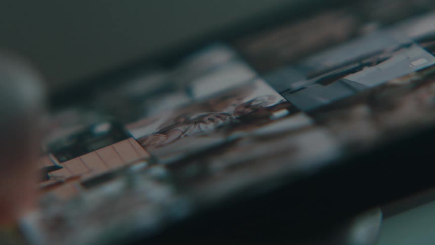 A human finger scrolling the screen of a cell phone with several photos