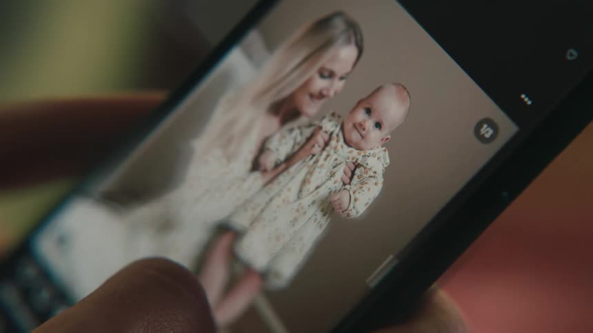 Person views photographs in smartphone photo gallery