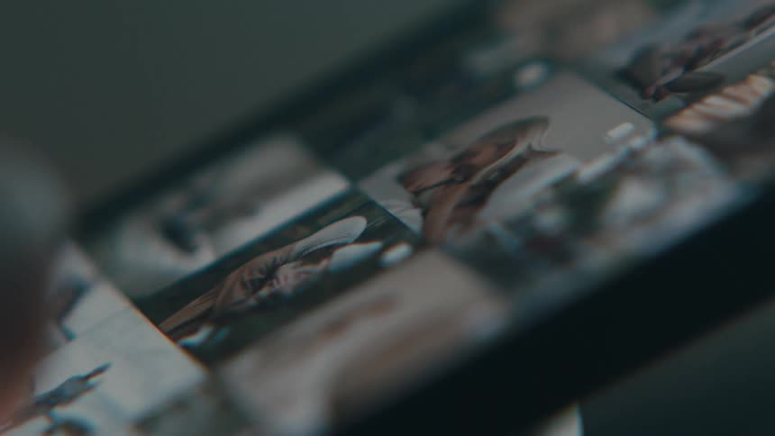 Finger of a person scrolling through images on a smartphone
