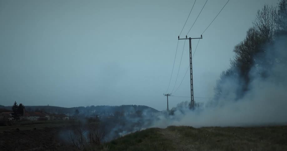 View of a grassland in a small area on fire with smoke