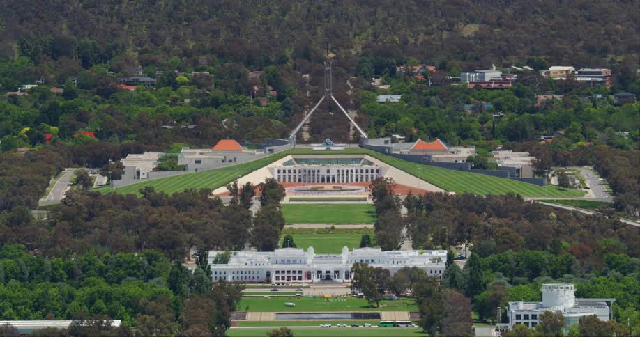 Aerial panorama of a palace amidst vegetation in a city