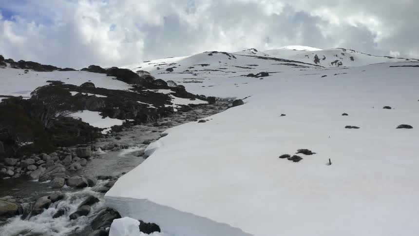 A stream trickles down a mountain slope in winter
