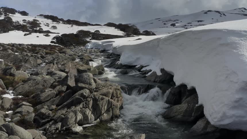 Mountain river covered by snow and a cloudy day