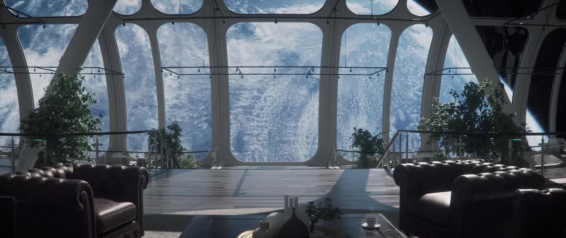 Earth visible from a lounge on an orbiting space station