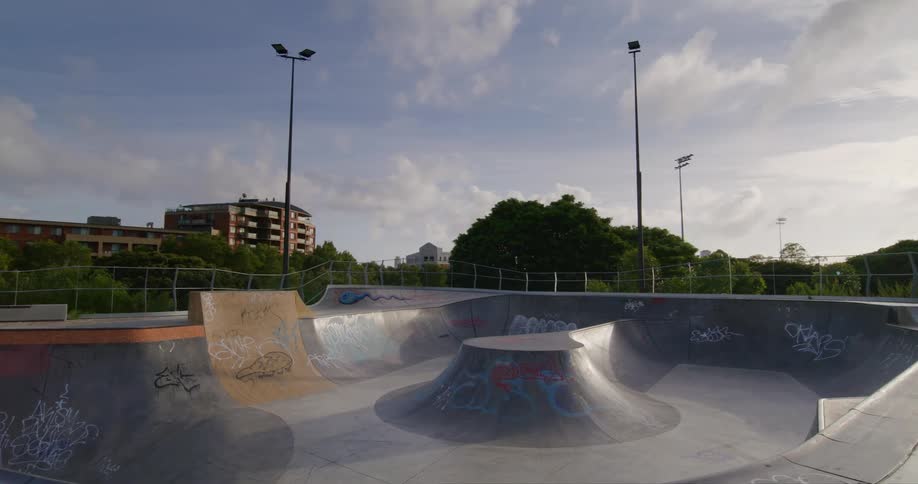 Panorama of a skate park in the city during the day