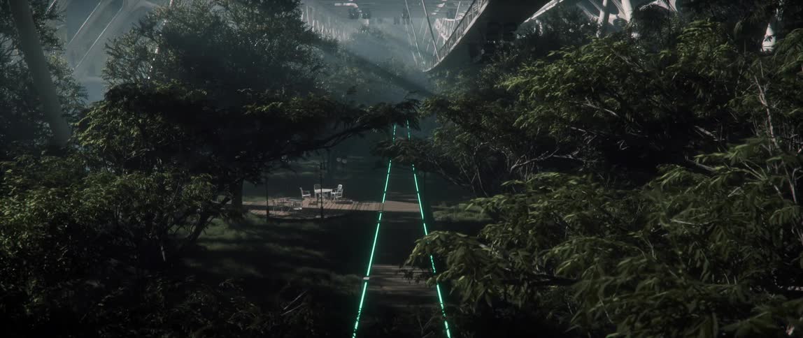 Sun plays over a lush artificial park on a rotating space station