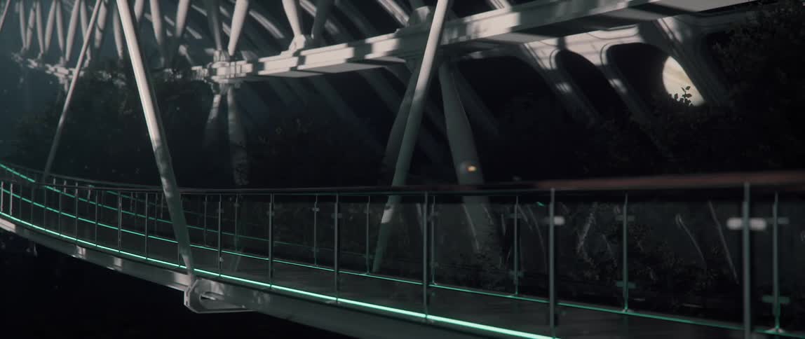 Modern bridge over a forest on a rotating space station with a view of the planet Jupiter
