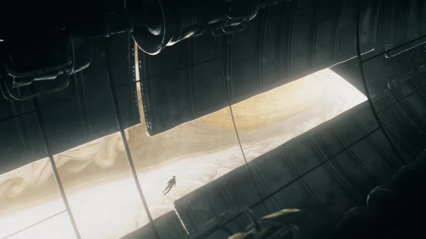 Space station windows opening with human looking out at Jupiter