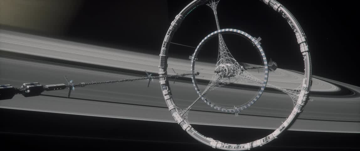 A rotating space station near the rings of Saturn