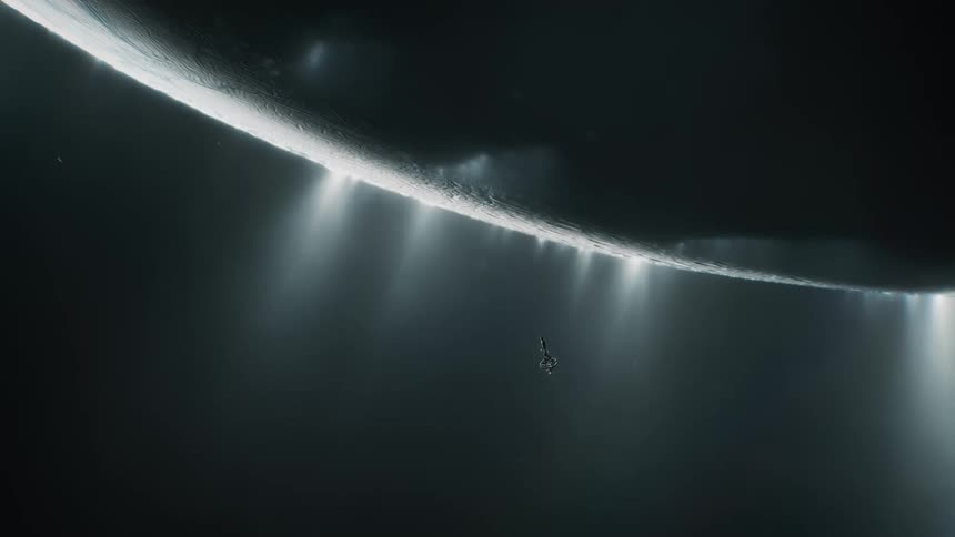 Space station orbiting Saturn's moon Enceladus