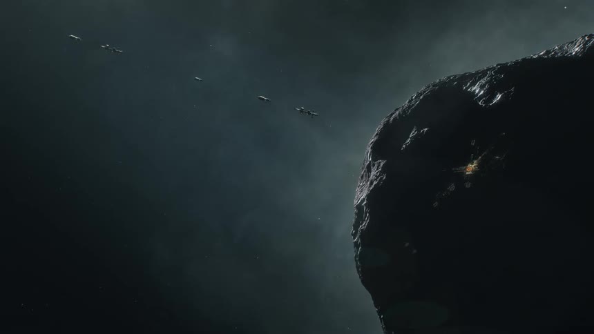 Space ships arriving at settled asteroid in space