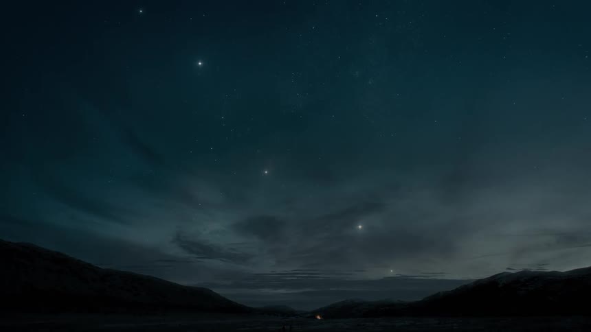 Night sky over valley, ancient humans walking, planets in the sky