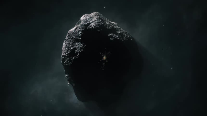 Settled asteroid in space, surrounded by a cloud of dust