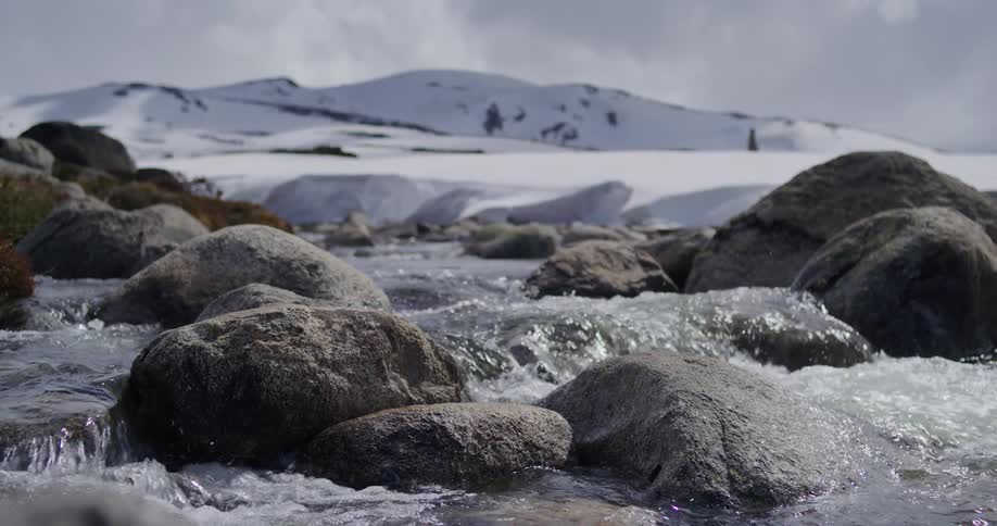 River with water flowing over rocks next to snowcovered mountains on a cloudy day