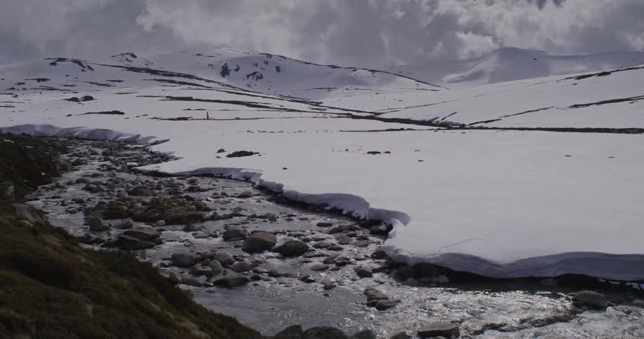 A river flowing in a snowcovered plain during winter