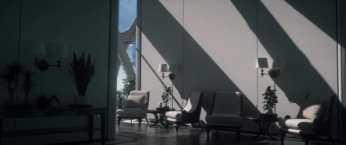 Interior of a rotating space station with planet Earth outside the windows