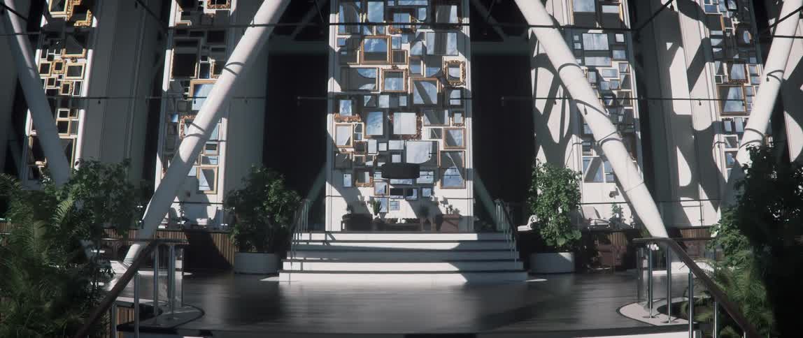 A wall of mirrors in a large lobby lounge on a rotating space station