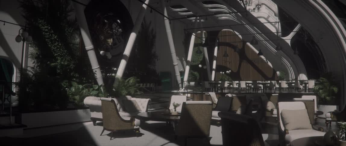 A lounge inside a futuristic rotating space station