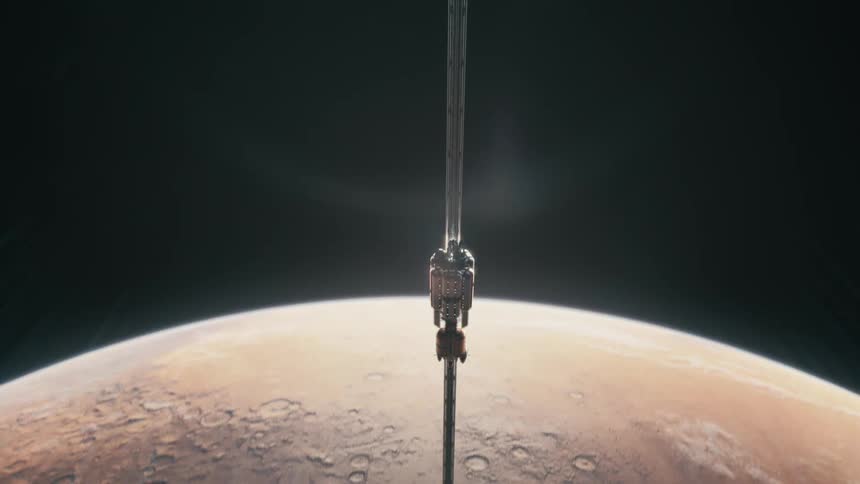 A space elevator descending towards Mars