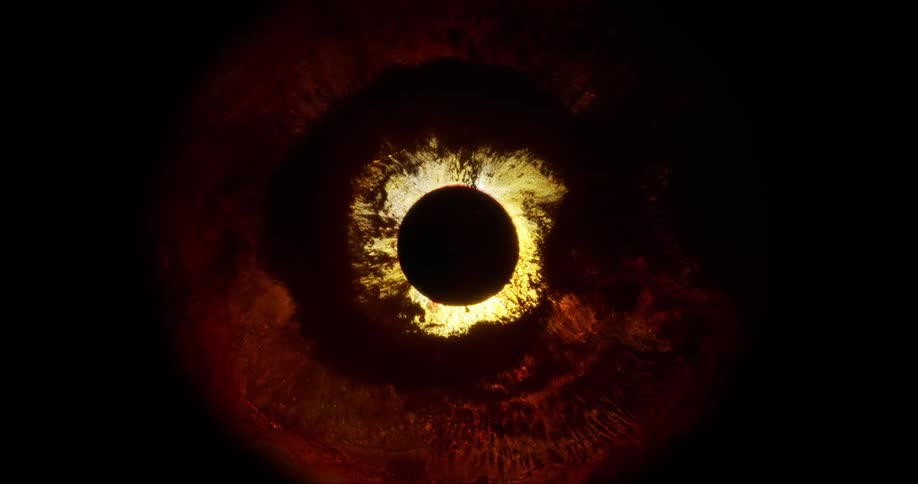 A dark circle surrounded by bright yellow and dark red swirling colors